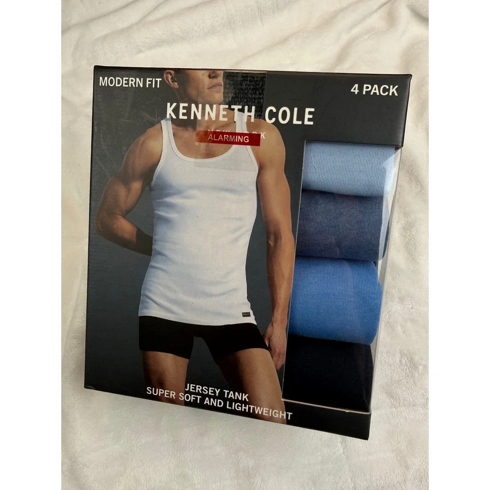 Kenneth Cole Mens 4 Pack Jersey Tank Tops Modern Fit Blue Black Medium New